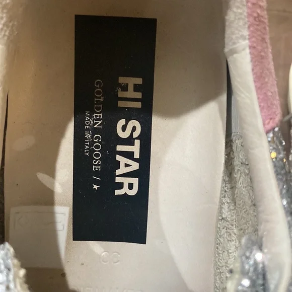 Golden goose silver sparkle sneakers with pink shade stars size 10 pre owned